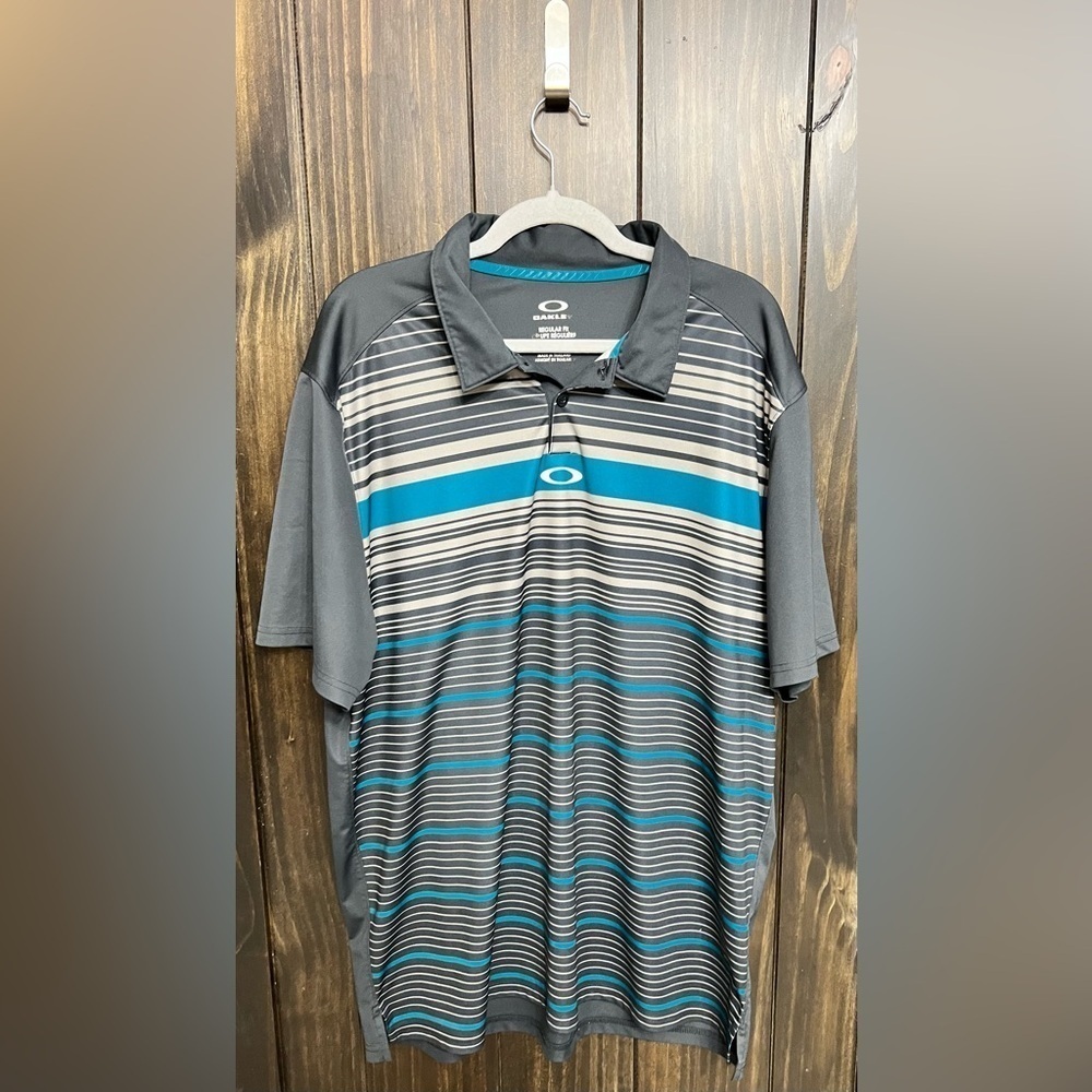 Oakley Gray and Blue Striped Performance Polo Golf Shirt